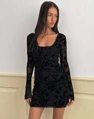 Selca Mini Dress in Flock Leaf Flower Black