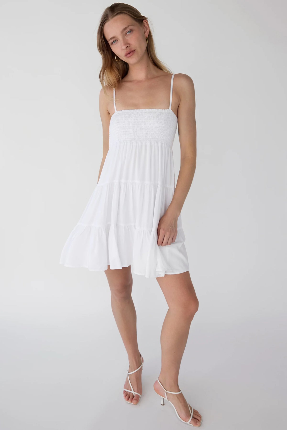 SMOCKED TIERED MINI DRESS