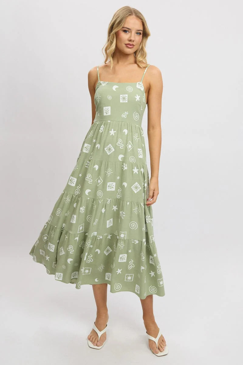 Green Abstract Midi Dress Tiered Strappy