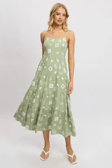 Green Abstract Midi Dress Tiered Strappy