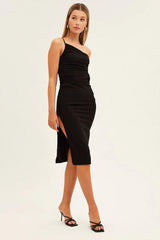 Black One Shoulder Dress Midi Bodycon