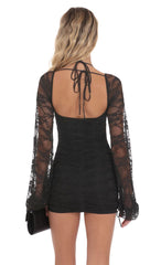 Lace Ruched Long Sleeve Dress in Black