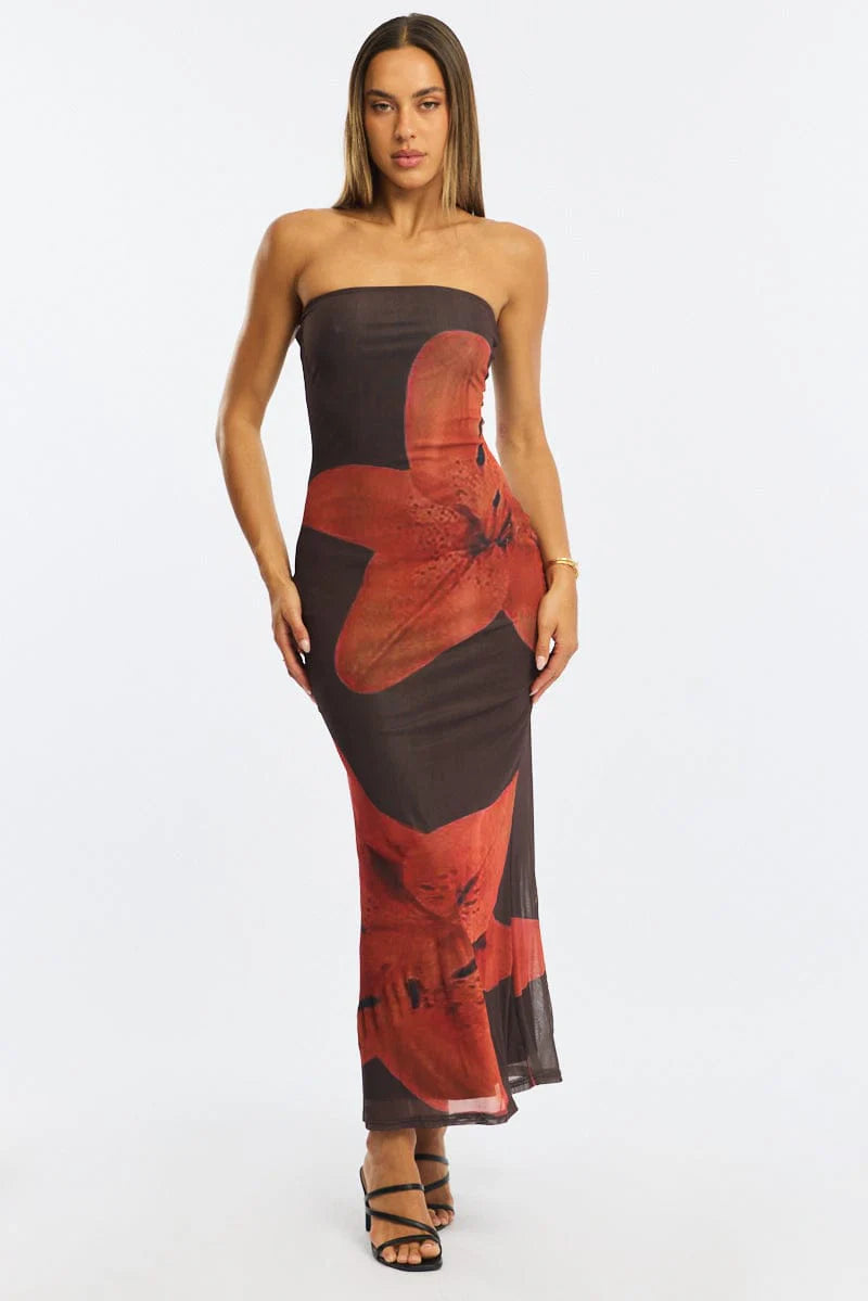 Brown Floral Strapless Maxi Dress