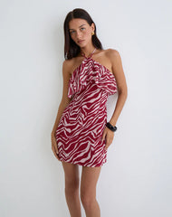 Beyza Halter Mini Dress in Zebra Print Red
