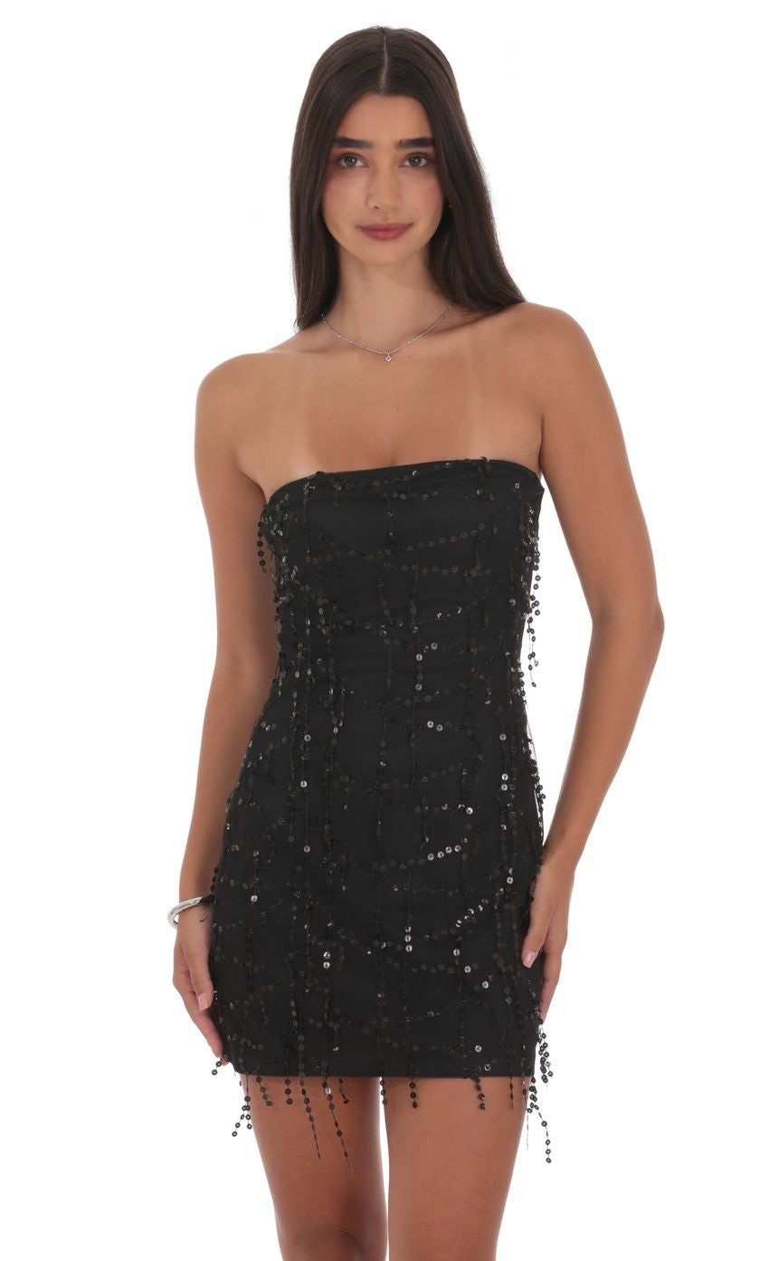 Strapless Sequin Fringe Dress in Black
