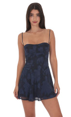 Textured Floral A-line Dress in Navy
