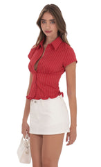 PinStripe Button-Up Ruffle Top in Red