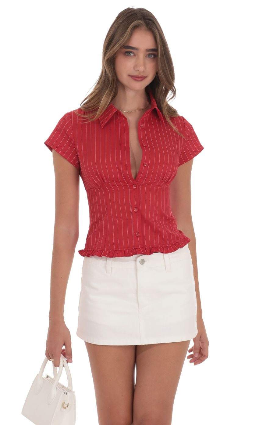 PinStripe Button-Up Ruffle Top in Red