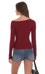 Off Shoulder Henley Top in Maroon