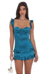 Satin Ruffle Corset Dress in Cobalt