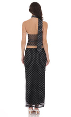 Polka Dot Mesh Pencil Maxi Skirt in Black