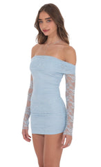 Off Shoulder Long Sleeve Lace Dress in Light Blue