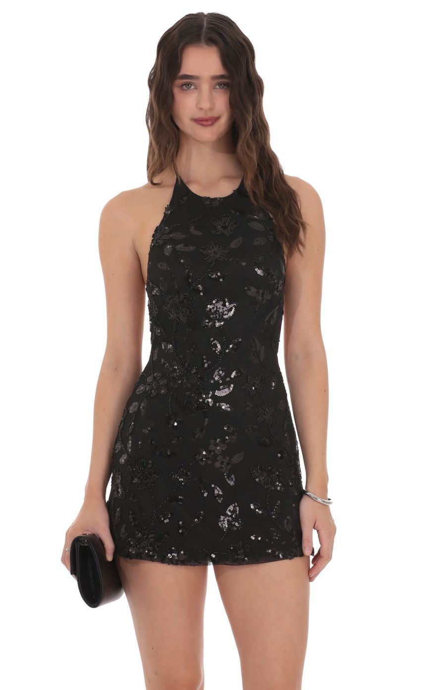 Mesh Sequin Halter Dress in Black