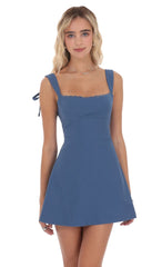 Lace Trim Open Back Dress in Denim Blue