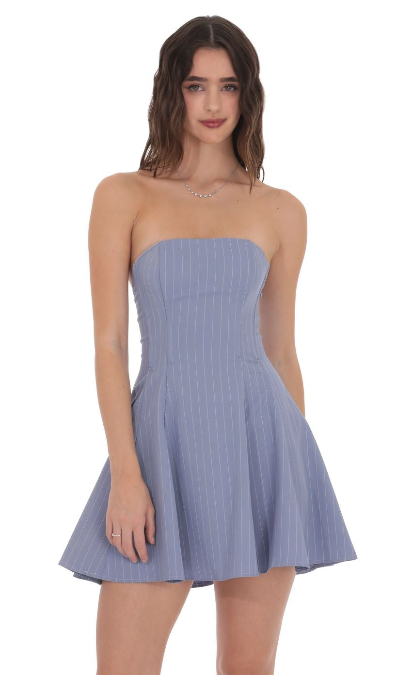 Pinstripe Corset Strapless Dress in Denim Blue