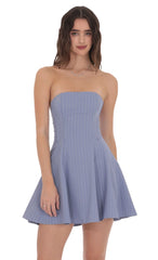 Pinstripe Corset Strapless Dress in Denim Blue