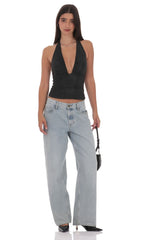 Metallic Plunge Neck Top in Black