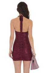 Ruched Foil Mesh Bodycon Dress in Burgundy