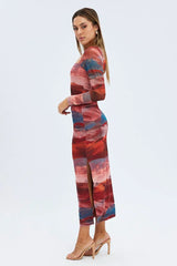 Multi Abstract Maxi Dress Long Sleeve Square Neck Mesh Bodycon