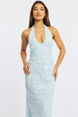 Blue Midi Dress Halter Neck