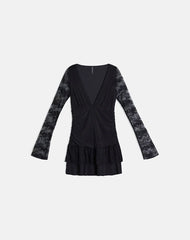 Mishal Long Sleeve Plunge Mini Dress in Lace Black