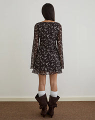 Sumiko Mini Dress in Flower Chiffon Brown
