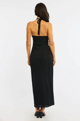 Black Maxi Dress Beading Trim Textured Fabric