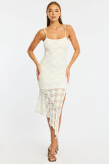 White Midi Dress Asymmetric Hem Lace