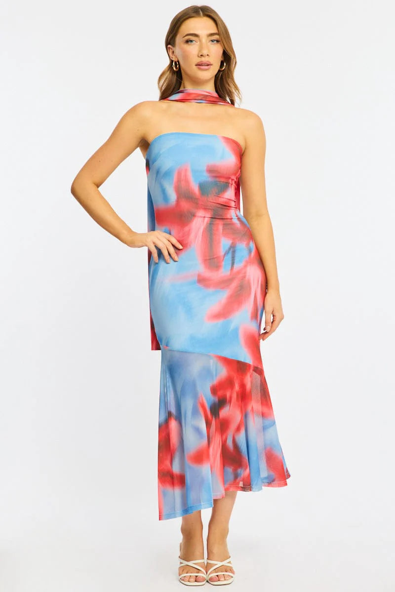 Blue Floral Strapless Maxi Dress