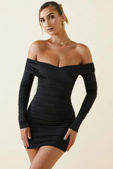 Off-Shoulder Ruched Bodycon Mini Dress in Black