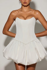 Lace-Up Bubble Hem Corset Micro Mini Dress in White