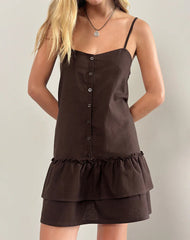 Mailina Linen Button Up Mini Dress in Chocolate Brown