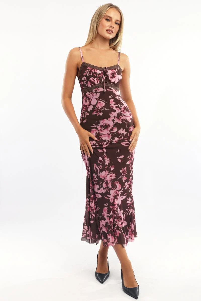 Multi Floral Bodycon Dress Midi