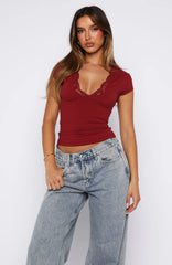 Whole Lot Of Lucky Lace Trim Top Wine