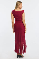 Red Maxi Dress Asymmetric Shoulder Mesh