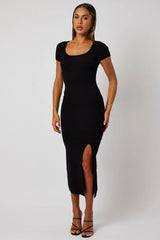 Black Knit Dress Short Sleeve Bodycon Midi