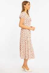 Pink Ditsy Midi Dress Puff Sleeve