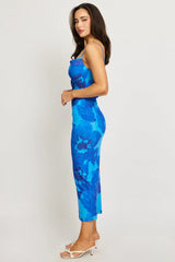 Blue Floral Bodycon Dress Cowl Neck Maxi