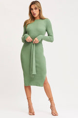 Green Tie Waist Dress Long Sleeve Midi