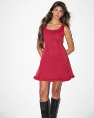 Fulvia Slip Mini Dress with Ruffles in Deep Red
